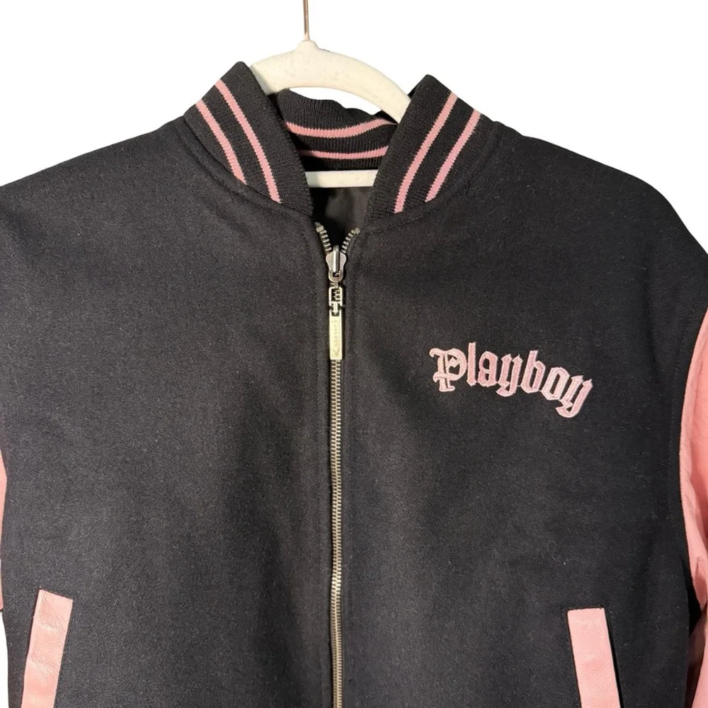PLAYBOY Vintage Y2K Reversible Black and Pink Leather Letterman’s Jacket Size M - Picture 15 of 16